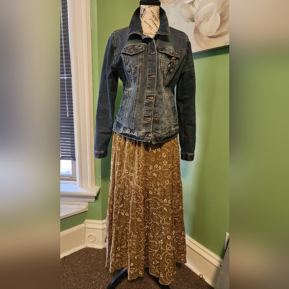 Reba Olive Green Cotton Full Long Lined White Floral Stitched Maxi Skirt SZ XL